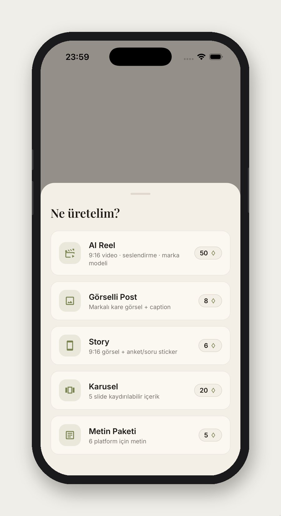 Üretim seçici — reel, post, story, karusel, metin